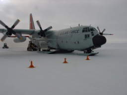 Our LC-130, seconds after landing at the South Pole (click to enlarge; 1.17 MB)