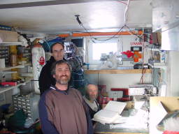 Michael, Paolo, and Andre, inside the cramped AASTO (click to enlarge; 1.41 MB)